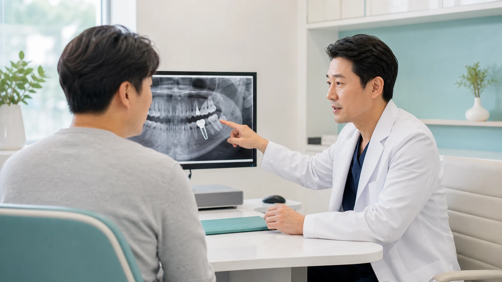 어금니 임플란트 치료 기간 상담 항목 확인 장면
